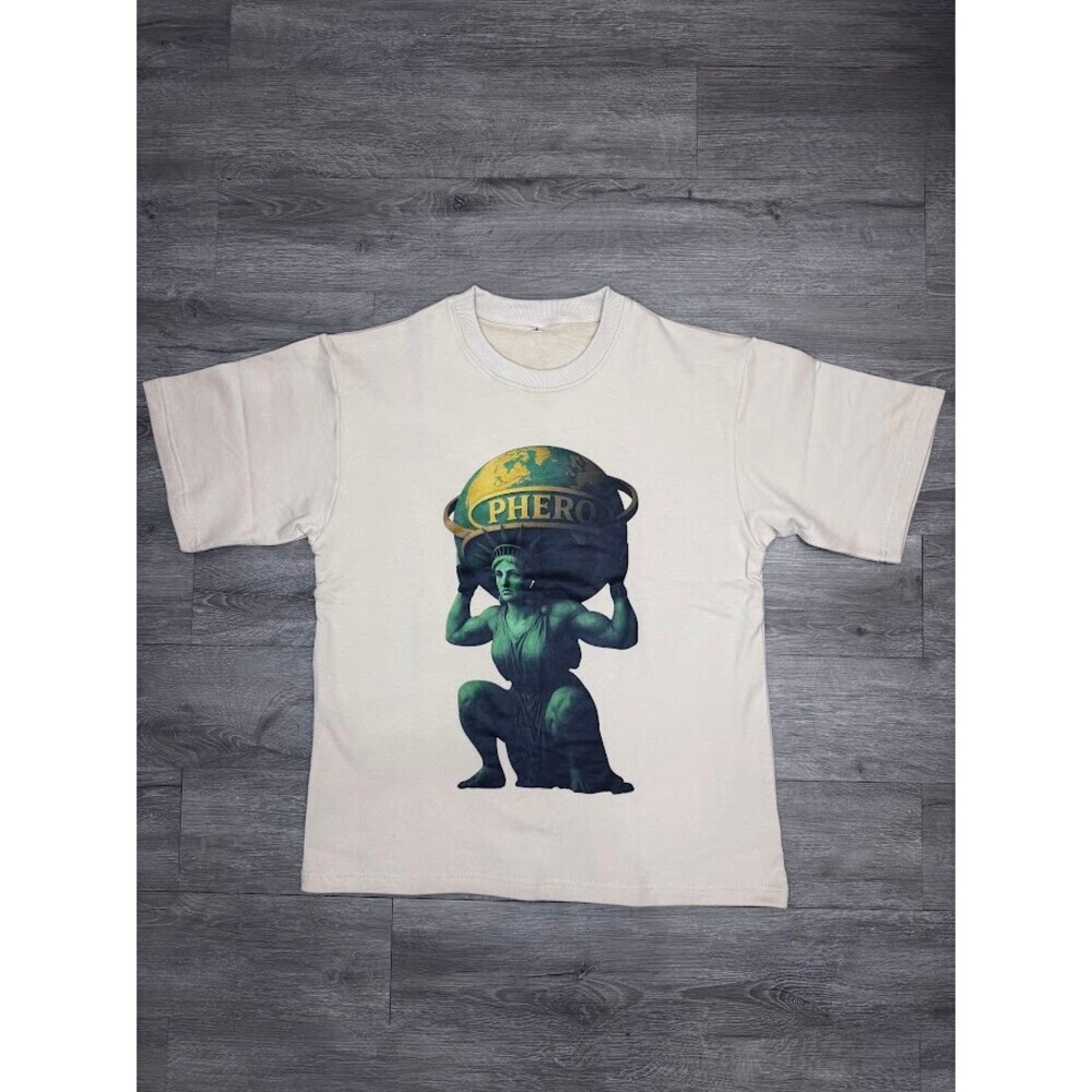 PHERO Atlas French Terry Boxy Drop Shoulder Graphic Tee Large Beige